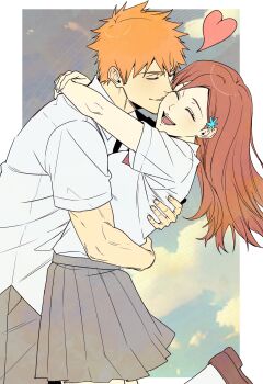 1boy 1girl absurdres arms_around_neck bleach border breasts brown_hair brown_shoes closed_eyes cloud cloudy_sky collared_shirt commentary couple grey_pants grey_skirt hair_behind_ear hair_between_eyes hetero highres hug inoue_orihime karakura_high_school_uniform kiss kissing_cheek kurosaki_ichigo laughing light_blush loafers long_hair medium_breasts n_(nauki_11) open_mouth pants parted_bangs parted_lips pleated_skirt school_uniform shirt shoes short_hair short_sleeves skirt sky smile socks spiked_hair symbol-only_commentary white_border white_shirt white_socks