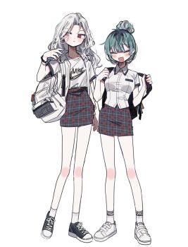 2girls aohitsugi_samatoki backpack bag black_footwear bracelet collared_shirt full_body genderswap genderswap_(mtf) green_hair hair_bun highres holding_strap hypnosis_mic jewelry multiple_girls nurude_sasara patzzi pencil_skirt plaid_clothes plaid_skirt red_eyes shirt shoes simple_background skirt socks white_background white_bag white_footwear white_hair white_shirt white_socks