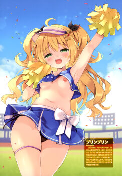 1girl absurdres ahoge arm_up armpits artist_name black_bow black_panties blonde_hair blue_skirt blue_sky blush bow bow_skirt breasts cheerleader cloud cloudy_sky collarbone confetti crop_top day dengeki_moeoh green_eyes hair_bow hair_ornament hairpin half-closed_eyes highres long_hair looking_at_viewer magazine_scan miniskirt navel nipple_slip nipples no_bra open_mouth original panties pantyshot pom_pom_(cheerleading) purinpurin scan shiny_skin side-tie_panties skirt sky sleeveless small_breasts smile solo stomach string_panties teeth thigh_strap third-party_source translation_request two_side_up underboob underwear upper_teeth_only visor_cap wavy_hair white_bow