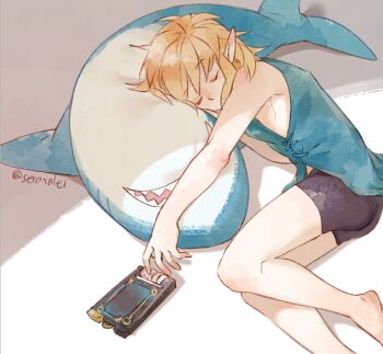 1boy barefoot black_male_underwear blonde_hair blue_shirt closed_eyes commentary covered_mouth english_commentary foot_out_of_frame ikea_shark link long_pointy_ears lying male_focus male_underwear natsuyon nintendo on_side outstretched_arm pointy_ears sharp_teeth sheikah_slate shirt single_bare_shoulder sleeping sleeveless sleeveless_shirt solo stuffed_animal stuffed_shark stuffed_toy teeth the_legend_of_zelda the_legend_of_zelda:_breath_of_the_wild underwear