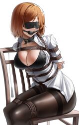1girl absurdres angry arms_behind_back ball_gag bdsm black_bra black_pantyhose blindfold blouse bob_cut bondage bound bound_arms bound_legs bra breast_bondage breasts buttons chain chain_leash chained chair cleavage collar commentary crotch_rope food fruit gag gagged harris_hero highres jujutsu_kaisen kugisaki_nobara large_breasts leash leather_collar lingerie on_chair orange_(fruit) orange_hair pantyhose partially_unbuttoned restrained rope saliva shibari shibari_over_clothes shirt short_hair simple_background sitting sitting_sideways solo teeth thighband_pantyhose tied_to_chair underwear white_shirt wiffle_gag