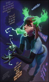 1girl artist_name black_boots black_gloves blue_bodysuit bob_cut bodysuit boots cum danny_phantom ejaculation elbow_gloves ghost gloves hands_on_another's_head highres impossible_bodysuit impossible_clothes maddie_fenton mind_break orange_hair purple_eyes rape strawberrycreampie veins