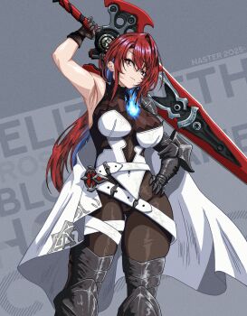 1girl arm_up armpits blue_hair bodysuit boots breasts elizabeth_rose_bloodflame fire gauntlets hand_on_own_hip highres hololive hololive_english large_breasts looking_at_viewer multicolored_hair nasterro red_eyes red_hair single_hair_intake solo sword thigh_boots two-tone_hair virtual_youtuber weapon weighing_scale