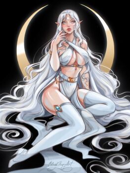 1girl armlet artist_name black_background blackfuryart blue_eyes blush boots breasts clothing_cutout commentary crescent elf english_commentary floating_hair full_body gold_armlet hand_up high_heels highres jewelry lips long_hair looking_at_viewer mole mole_under_eye original parted_lips pelvic_curtain pointy_ears revealing_clothes shiny_skin sitting solo thick_lips thigh_boots thighhighs underboob very_long_hair white_thighhighs