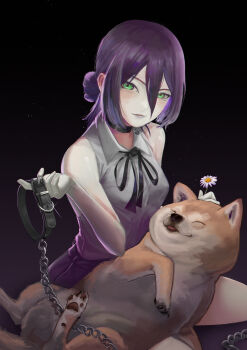 1girl absurdres black_background black_ribbon chainsaw_man collar collared_shirt dog flower green_eyes grey_shirt hair_between_eyes hair_bun highres holding holding_collar neck_ribbon purple_hair reze_(chainsaw_man) ribbon shiba_inu shirt sleeveless sleeveless_shirt solo white_flower ying0207