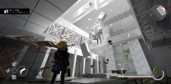 1girl 1other absurdres achievement_unlocked ambiguous_gender arms_at_sides asteroid_ill black_jacket blonde_hair bush chair facing_away floating floating_hair from_behind grass gun halo handgun health_bar highres holding holding_gun holding_weapon indoors iris_(asteroid_ill) jacket long_hair long_sleeves minimap overgrown railing science_fiction solo standing user_interface water weapon