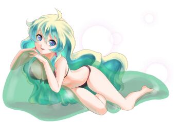 +_+ 00s 1girl ahoge bad_id bad_pixiv_id barefoot bikini blob breasts cleavage cross-shaped_pupils female_focus geroro large_breasts legs long_hair multicolored_hair nia_teppelin slime_(substance) smile solo swimsuit symbol-shaped_pupils tengen_toppa_gurren_lagann