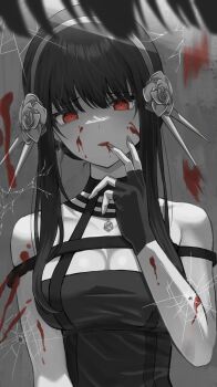 1girl bare_shoulders black_gloves black_hair blood blood_on_arm blood_on_wall breasts cleavage commentary crack cracked_glass earrings fingerless_gloves flower furrowed_brow gloves gold_earrings gold_hairband greyscale hair_flower hair_ornament hairband hand_up highres jewelry kei8987 large_breasts licking licking_blood licking_finger mirror monochrome pov red_eyes red_nails reflection rose solo_focus spikes spot_color spy_x_family upper_body yor_briar