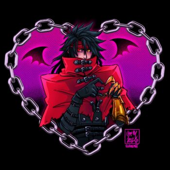 Rule 34 | 1boy, absurdres, bat wings, black background, black gloves, black hair, black jacket, blush, chain, clawed gauntlets, cloak, commentary, detached wings, elenimut art, final fantasy, final fantasy vii, four-finger heart hands, gauntlets, gloves, hair between eyes, headband, heart, heart hands, heterochromia, highres, jacket, long hair, looking at viewer, male focus, red cloak, red eyes, red headband, signature, single gauntlet, single glove, solo, spiked hair, torn cloak, torn clothes, upper body, valentine, vincent valentine, wings, yellow eyes