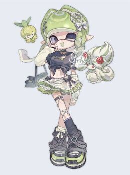 Rule 34 | 1girl, 1n0chi, ;d, alcremie, alcremie (matcha cream), artist name, asymmetrical legwear, bead necklace, beads, black bag, black choker, black leg warmers, black shirt, black socks, bow, braid, choker, colored tongue, commentary, crossed legs, crossover, fangs, full body, gen 5 pokemon, gen 8 pokemon, green hair, green shoes, green skirt, green tongue, hair bow, hair intakes, hair ornament, hairclip, highres, inkling, inkling girl, inkling player character, jewelry, layered skirt, leg warmers, long hair, midriff, mismatched legwear, navel, necklace, nintendo, o-ring, o-ring thigh strap, one eye closed, open mouth, petilil, pointy ears, pokemon, pokemon (creature), purple eyes, ringed eyes, shirt, shoes, short sleeves, single braid, skirt, smile, socks, splatoon (series), standing, symbol-only commentary, tentacle hair, thigh strap, tied shirt, two-tone skirt, white bow, white socks, yellow arm warmers, yellow skirt