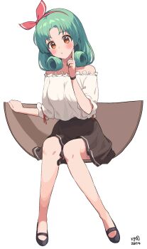 1girl black_shoes blush bow breasts dark_skin full_body green_hair hair_bow hairband hand_up highres idolmaster idolmaster_million_live! index_finger_raised looking_at_viewer medium_hair myeolchi orange_eyes parted_lips red_bow red_hairband shirt shoes simple_background sitting solo tokugawa_matsuri white_background