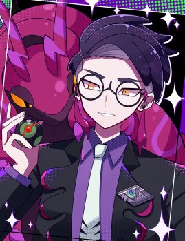 1boy black_jacket collared_shirt corbeau_(pokemon) dusk_ball gen_5_pokemon glasses highres holding holding_poke_ball jacket male_focus motiumai necktie nintendo orange_eyes parted_lips poke_ball pokemon pokemon_(creature) pokemon_legends:_z-a purple_hair purple_shirt round_eyewear scolipede shirt slit_pupils solo sparkle white_necktie