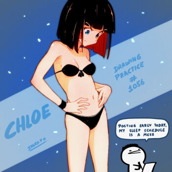 1boy 1girl :v annoyed artist_name artist_self-insert bikini black_bikini black_hair blue_background blue_eyes blunt_bangs blunt_ends blush_stickers bob_cut breasts character_name chloe_(srgrafo) closed_mouth collarbone colored_inner_hair cowboy_shot english_text fingernails front-tie_bikini_top front-tie_top looking_down multicolored_hair navel original red_hair short_hair small_breasts speech_bubble srgrafo standing strapless strapless_bikini swimsuit two-tone_hair v-shaped_eyebrows wristband