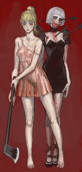 2girls absurdres arrow_(projectile) arrow_in_body axe barefoot black_dress blonde_hair blood blood_stain breasts dress grey_hair highres holding holding_axe horror_(theme) makeup midnight_vampire midnight_vampire_(takena) mossacannibalis multiple_girls nipples pink_dress pubic_hair runny_makeup see-through_clothes strap_slip