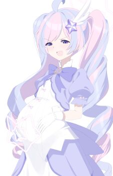 1girl absurdres ahoge big_belly blue_archive dress drill_hair gloves hair_ornament halo hands_on_own_stomach highres long_hair looking_at_viewer madrawing magical_girl multicolored_hair open_mouth pink_hair pink_halo pregnancy_halo pregnant puffy_short_sleeves puffy_sleeves purple_eyes reisa_(blue_archive) reisa_(magical)_(blue_archive) short_sleeves solo star_(symbol) star_hair_ornament star_halo twin_drills twintails two-tone_hair very_long_hair white_background white_gloves