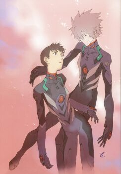 Rule 34 | 2boys, absurdres, bodysuit, evangelion: 3.0 you can (not) redo, grey hair, highres, ikari shinji, light smile, looking down, looking up, mecha pilot suit, multiple boys, nagisa kaworu, neon genesis evangelion, official art, open mouth, plugsuit (evangelion), rebuild of evangelion, sadamoto yoshiyuki, scan, short hair, signature