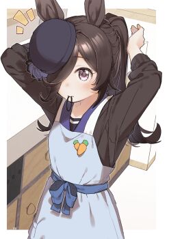 1girl alternate_hairstyle animal_ears apron arms_behind_back black_hat blue_flower blue_hat blue_rose blue_sash brown_hair carrot_pin cowboy_shot flower hair_over_one_eye hair_tie hair_tie_in_mouth hat hat_flower highres horse_ears horse_girl long_hair long_sleeves mouth_hold notice_lines page_number purple_eyes rice_shower_(umamusume) rose sash solo third-party_source tying_hair umamusume waist_sash white_apron yukie_(kusaka_shi)