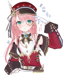 Rule 34 | 1girl, bare shoulders, belt, blue brooch, blue gemstone, blush, cabbie hat, camera, charlotte (genshin impact), cross-laced clothes, cross-laced sleeves, detached sleeves, gem, genshin impact, gloves, gold trim bow, hat, hat feather, highres, holding, holding camera, karua0621, lace-up sleeves, long sleeves, looking at viewer, medium hair, monocle, open mouth, pink hair, puffy detached sleeves, puffy sleeves, red hat, red sleeves, shirt, short hair, simple background, skirt, solo, strap, suspender skirt, suspenders, white background, white belt, white gloves, white shirt, white trim bow
