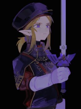Rule 34 | 1boy, a15179222, beret, black background, blue eyes, blue hat, closed mouth, commentary request, gloves, gold trim, hair tie, hat, highres, holding, holding sword, holding weapon, link, low ponytail, male focus, master sword, military hat, military uniform, nintendo, official alternate costume, parted bangs, pointy ears, ponytail, royal guard set (zelda), sidelocks, solo, sword, the legend of zelda, the legend of zelda: breath of the wild, twitter username, weapon, white gloves