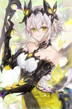 1girl absurdres armored_gloves bare_shoulders breasts bug butterfly collarbone commentary_request crossed_bangs dress duet_night_abyss floating_hair gloves glowing gradient_background green_dress green_eyes grin hair_between_eyes hair_ornament hand_up headgear highres holding holding_weapon insect light_particles looking_ahead medium_breasts medium_hair parted_lips partially_fingerless_gloves psyche_(duet_night_abyss) scythe sidelocks smile solo standing togisuaka two-tone_dress weapon white_dress white_hair yellow_butterfly