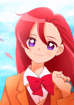 Rule 34 | 1girl, asymmetrical bangs, blazer, blue sky, bow, bowtie, brown jacket, brown vest, cloud, cloudy sky, commentary, day, dress shirt, highres, jacket, kyanos (b 0000ff), outdoors, petals, phoenix academy school uniform, portrait, precure, purple eyes, red bow, red bowtie, red hair, school uniform, shirt, sky, solo, takizawa asuka, tropical-rouge! precure, vest, white shirt, wind, wing collar