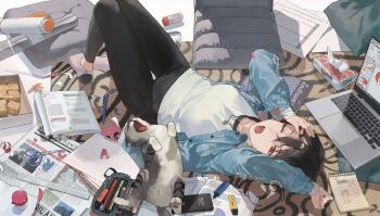 1girl absurdly_detailed_composition black_hair black_pants book carpet cat cellphone computer cushion denim denim_jacket ericx_gasi food hand_on_own_head highlighter highres holding holding_pen indoors jacket jewelry laptop loaded_interior looking_at_viewer lying messy necklace newspaper no_shoes notepad on_back one_eye_closed open_clothes open_jacket open_mouth original pants paper pen pencil_case phone red_eyes ruler scissors shirt socks solo tissue twitter_username white_shirt yawning