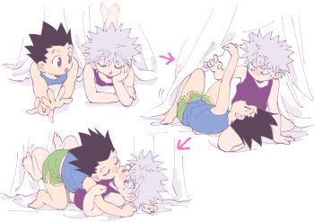 2boys gon_freecss hunter_x_hunter killua_zoldyck kiss lying male_focus multiple_boys odenkong shirt short_hair shorts sleeveless sleeveless_shirt spiked_hair white_background yaoi