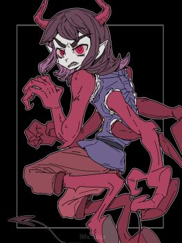 1boy abaddon_(haunted_hotel) absurdres animal_feet black_background brown_hair chinese_commentary claws coat commentary_request demon_boy demon_tail extra_arms haunted_hotel highres hooves horns looking_at_viewer looking_back male_focus medium_hair noecho pointy_ears purple_coat red_eyes tail