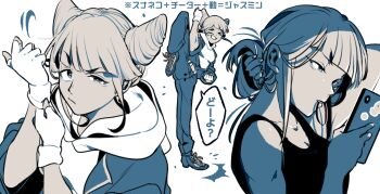 Rule 34 | 1girl, absurdres, adjusting clothes, adjusting gloves, adjusting hair, commentary request, cone hair bun, double bun, furrowed brow, gloves, hair bun, hair tie in mouth, half-closed eye, highres, holding, holding phone, hood, hood down, jasmine (toshi densetsu kaitai center), jumpsuit, looking at viewer, mouth hold, multiple views, partially fingerless gloves, phone, short hair, simple background, smile, speech bubble, split, standing, standing on one leg, standing split, toshi densetsu kaitai center, touki (to ki ot), translation request, tying hair, uneven eyes, upper body, white background