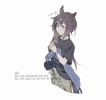 1girl aisutabetao animal_ears black_hair black_shirt blue_shirt brown_eyes brown_hair camouflage camouflage_pants can casual closed_mouth drink_can ear_covers fanny_pack hair_between_eyes holding holding_can horse_ears horse_girl horse_tail long_hair multicolored_hair pants shirt short_sleeves simple_background solo stay_gold_(casual)_(umamusume) stay_gold_(umamusume) streaked_hair tail umamusume watch white_background white_hair wristwatch