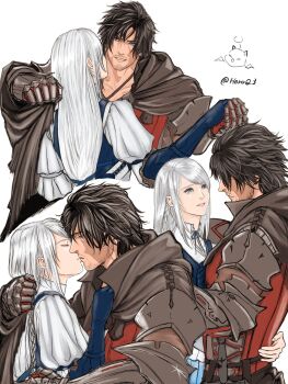 1boy 1girl arm_around_shoulder arm_around_waist armor armored_gloves beard_stubble black_armor black_cloak black_hair blue_gloves blue_vest breasts clive_rosfield cloak couple facial_hair facial_scar final_fantasy final_fantasy_xvi gloves grey_eyes grey_hair hair_between_eyes hand_in_another&#039;s_hair hetero highres holding_hands horoq3 jill_warrick kiss light_smile looking_at_another moogle multiple_views parted_lips red_vest scar scar_on_cheek scar_on_face shirt short_hair sideboob stubble swept_bangs twitter_username upper_body vest white_background white_shirt