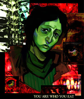 1boy aquiline_nose bags_under_eyes black_eyes black_hair closed_mouth coat coat_guy_(no_i&#039;m_not_a_human) colored_skin eggyboj green_skin highres horror_(theme) jacket jowls lips male_focus no_i&#039;m_not_a_human nose painterly realistic_teeth short_hair solo sweater wrinkled_skin