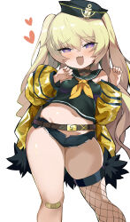 Rule 34 | 1girl, absurdres, azur lane, bache (azur lane), bare shoulders, black sailor collar, blonde hair, blush, breasts, collar, covered nipples, crop top, fang, fur-trimmed jacket, fur trim, hat, heart, heart-shaped pupils, highres, jacket, long hair, long sleeves, looking at viewer, micro shorts, midriff, navel, neckerchief, off shoulder, open clothes, open jacket, open mouth, purple eyes, sailor collar, shimejinameko, shorts, small breasts, smile, solo, symbol-shaped pupils, two side up, yellow jacket, yellow neckerchief