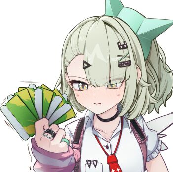 1girl absurdres akaika_(aka) backpack bag bandaid bandaid_hair_ornament blush chinatsu_remiel commentary_request crying earrings green_eyes green_hair hair_ornament hairclip highres jewelry multiple_hair_clips necktie pink_bag red_necktie shirt solo striped_arm_warmers white_background white_shirt zenless_zone_zero