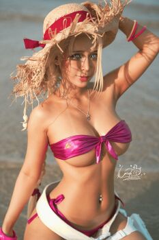 1girl absurdres artist_name bikini blonde_hair blurry blurry_background braid cammy_white cammy_white_(cosplay) capcom cosplay cosplay_photo female_focus hat highres looking_at_viewer official_alternate_costume photo_(medium) pink_bikini real_life smile solo straw_hat street_fighter street_fighter_6 swimsuit thigh_strap twin_braids umekojcosplayer vietnamese watermark