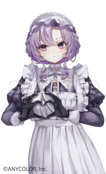 1girl apron black_gloves blush chest_tattoo copyright_notice cowboy_shot frown gloves hands_up heart heart_hands highres hyakumantenbara_salome hyakumantenbara_salome_(4th_costume) juliet_sleeves long_sleeves maid maid_apron maid_headdress neko_tengoku nijisanji official_art puffy_sleeves purple_eyes purple_hair short_hair sideways_glance simple_background solo tattoo virtual_youtuber white_background