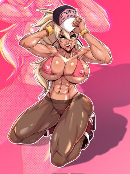 1girl abs baseball_cap bikini blonde_hair blue_eyes bracelet breasts brown_pantyhose covered_erect_nipples earrings hat highres hoop_earrings huge_breasts jen_herron_(slutwriter) jewelry kneeling long_hair looking_at_viewer my_mom_and_sister_are_size_queen_sluts pantyhose peachjam_69 pink_background pink_bikini see-through_pantyhose solo swimsuit tongue tongue_out zoom_layer