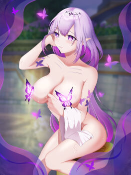 1girl absurdres bathhouse breasts bug butterfly castorice_(honkai:_star_rail) commentary completely_nude convenient_censoring cover cover_page elf highres hk42052 holding holding_towel honkai:_star_rail honkai_(series) insect large_breasts long_hair novel_cover nude pointy_ears purple_eyes purple_hair sitting solo tiara towel very_long_hair