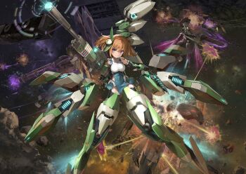 2girls alice_gear_aegis armor bare_shoulders battle black_thighhighs brown_hair character_request detached_sleeves explosion firing gun highres holding holding_gun holding_weapon kimikage_yui looking_at_viewer mecha_musume multiple_girls power_armor purple_eyes space sunga2usagi tagme thighhighs twintails twintails_with_hair_base weapon