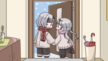 Rule 34 | 2girls, :d, black hair, black pants, blush stickers, braid, braided bangs, brown jacket, brown shoes, chibi, closed umbrella, commentary request, eye contact, fang, fringe trim, grey hair, grey jacket, hair ornament, highres, hololive, jacket, long hair, long sleeves, looking at another, mochimiko, multicolored hair, multiple girls, open door, open mouth, pants, pink scarf, pink umbrella, plaid clothes, plaid scarf, puffy long sleeves, puffy sleeves, red eyes, red scarf, red umbrella, sakamata chloe, scarf, shoe soles, shoes, siblings, sisters, smile, snowflakes, streaked hair, twintails, umbrella, very long hair, virtual youtuber, x hair ornament