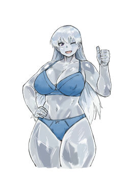 1girl ;d arato_nagi bad_link bikini blue_bikini breasts colored_skin drawfag grey_hair grey_skin hand_on_own_hip highres large_breasts long_hair navel one_eye_closed open_mouth ruri_no_houseki simple_background smile solo swimsuit thick_thighs thighs thumbs_up toned toned_female white_background