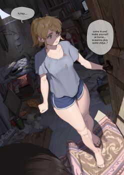 1boy 1girl absurdres bag barefoot blonde_hair blue_shirt blue_shorts bookshelf bottle bra breasts brown_eyes brown_hair chair clothes_hanger commentary cup desk dirty dirty_clothes disposable_cup dolphin_shorts dutch_angle energy_drink english_commentary english_text food freckles half-closed_eyes highres hitachi_magic_wand mattress messy_room monitor monster_energy open_door original paper_bag pizza pizza_box ponytail rug sex_toy shirt shorts small_breasts steam_deck t-shirt thick_thighs thighs underwear unworn_bra used_tissue vibrator water_bottle wjs07