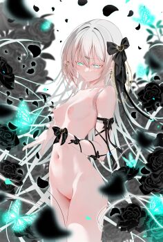1girl absurdres aqua_eyes arm_bow arm_strap black_bow black_flower black_rose blurry blurry_background blurry_foreground bow breasts bug butterfly chain closed_mouth collarbone completely_nude cowboy_shot dated_commentary depth_of_field earrings expressionless falling_petals flower glowing_animal gold_chain grey_hair hair_between_eyes hair_bow hair_ornament hairclip hand_up heart heart_earrings heart_hair_ornament highres insect jewelry large_breasts light_blush long_bangs long_hair looking_at_animal navel nude original parallel_hairclips petals rose sajin_(user_pvrm4582) sidelocks simple_background small_breasts solo standing stomach very_long_hair white_background wrist_bow