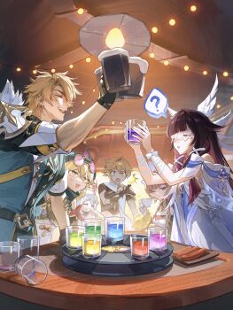 2boys 4girls ;) ? ^^^ aether_(genshin_impact) ahoge arm_ribbon arm_up armor arms_up beanie black_hair bloated blonde_hair blue_eyes bow braid braided_hair_rings closed_eyes closed_mouth coat columbina_(genshin_impact) commentary_request constricted_pupils cup detached_sleeves dress drink drinking_glass eating eye_mask facing_another fang fisheye food food_in_mouth food_on_face frilled_sleeves frills genshin_impact gloves goggles goggles_on_head grey_hair guest_art hair_between_eyes hair_rings half-closed_eye half_gloves halo hand_on_another's_arm hat head_wings headdress height_difference highres holding holding_cup holding_food jahoda_(genshin_impact) leotard long_hair looking_at_another mask meat mechanical_arms mug multicolored_hair multiple_boys multiple_girls multiple_wings one_eye_closed open_clothes open_coat open_mouth paimon_(genshin_impact) parted_lips pink-framed_eyewear prosthesis prosthetic_arm purple_hair ribbon sandrone_(genshin_impact) sausage scarf see-through_clothes see-through_mask shirt short_hair shoulder_armor single_hair_intake single_mechanical_arm smile spoken_question_mark star-shaped_pupils star_(symbol) symbol-shaped_pupils table toasting_(gesture) two-tone_hair varka_(genshin_impact) white_bow white_gloves white_hair white_mask white_ribbon white_wings wings wrist_bow x-shaped_eyewear yellow_eyes yellow_pupils yurayura_(mdeh5447)