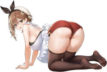 1girl all_fours apron artist_request ass atelier_(series) atelier_ryza atelier_ryza_2 azur_lane bare_arms black_thighhighs blush breasts brown_eyes brown_hair camisole douya_(233) hair_between_eyes hat hat_ribbon highres large_breasts long_hair looking_at_viewer open_mouth red_shorts reisalin_stout reisalin_stout_(new_culinary_horizons) ribbon short_shorts shorts sidelocks simple_background soles solo thick_thighs thighhighs thighs toes transparent_background white_apron white_camisole white_hat