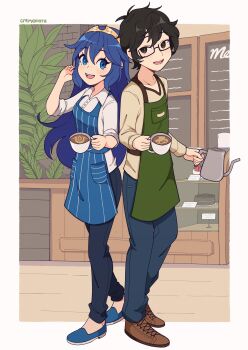 1boy 1girl absurdres amamiya_ren apron black_eyes black_hair blue_apron blue_eyes blue_footwear blue_hair blue_pants border brown_footwear coffee_pot cremanata cup disposable_cup fire_emblem glasses green_apron highres holding holding_cup indoors long_hair lucina_(fire_emblem) mug nintendo open_mouth pants persona plant shirt shoes short_hair teeth upper_teeth_only white_border white_shirt