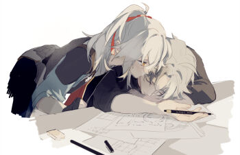 2boys age_difference aged_down blade_(honkai:_star_rail) chinese_clothes hair_between_eyes hair_ribbon holding holding_pencil honkai:_star_rail honkai_(series) jing_yuan kiss kissing_cheek long_hair lying male_focus mississipping multiple_boys parted_bangs pen pencil ponytail red_ribbon ribbon simple_background sleeves_rolled_up table white_background white_hair writing yingxing_(honkai:_star_rail)