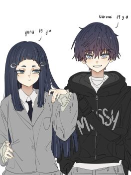 Rule 34 | 1boy, 1girl, aqua eyes, arm at side, arms at sides, black hair, black hood, black jacket, black necktie, black sleeves, blunt bangs, blunt ends, bright pupils, brother and sister, character age, character name, chest strap, closed mouth, collared shirt, eyelashes, fingernails, genshin impact, gradient hair, grey eyes, grey jacket, grey sleeves, grin, hair ornament, hairclip, hand on own hip, hand up, hands in pockets, highres, hood, hood down, hooded jacket, if they mated, jacket, jewelry, lapels, layered sleeves, light blush, long hair, long sleeves, looking at another, looking at viewer, mona (genshin impact), multicolored hair, necklace, necktie, original, pink hair, ring hair ornament, scaramouche (genshin impact), shirt, short eyebrows, siblings, smile, teeth, undershirt, white pupils, white shirt, wing collar, ysnden