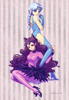 Rule 34 | 1990s (style), 2girls, 30, bad id, bad pixiv id, beruche (sailor moon), bishoujo senshi sailor moon, bishoujo senshi sailor moon r, black hair, black moon clan, blue eyes, blue footwear, blue gloves, blue hair, blue thighhighs, bodysuit, boots, braid, braided bangs, braided ponytail, choker, cone hair bun, crescent, crescent facial mark, dress, earrings, facial mark, forehead mark, full body, gloves, hair bun, high heel boots, high heels, jewelry, koan (sailor moon), leotard, long hair, moon, multiple girls, pantyhose, pink legwear, pinstripe pattern, purple eyes, retro artstyle, shoes, smile, striped clothes, striped legwear, striped pantyhose, swimsuit, thigh boots, thighhighs, vertical-striped clothes, vertical-striped pantyhose