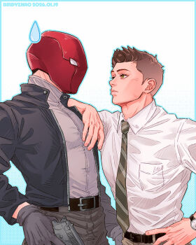 2boys batman_(series) birdyzhao_re black_gloves bodysuit brown_hair commentary dc_comics dean_winchester gloves green_eyes grey_bodysuit highres jason_todd looking_at_another multicolored_bodysuit multiple_boys muscular muscular_male pectorals red_hood_(dc) red_mask shirt short_hair simple_background superhero_costume supernatural_(tv_series) symbol-only_commentary taut_bodysuit two-tone_bodysuit upper_body